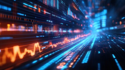 Fototapeta premium Digital Data Stream: A mesmerizing tunnel of glowing digital data streams, rendered in vibrant shades of blue and orange, representing the dynamic flow of information in the digital age.