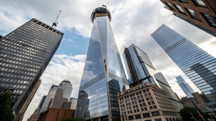 Naklejka premium Modern Cityscape with Glass Skyscrapers in New York – Low Angle Urban Architecture Photography