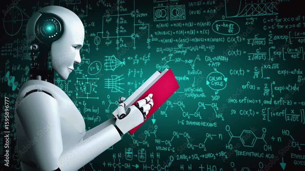 Poster 3d rendering of robot hominoid reading book and solving math data analytics in concept of future mat