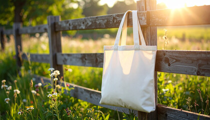 Blank Canvas Tote Bag Hanging on Rustic Fence