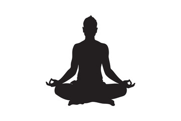 Silhouette of a man in a lotus position meditating isolated on a white background representing mindfulness, relaxation, and the practice of yoga for physical Art & Illustration
