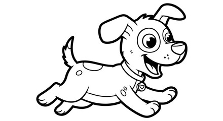 Fototapeta premium Kids coloring page illustration of a happy cartoon puppy running with a collar and heart tag