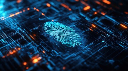 Digital Fingerprint: A close-up of a digital fingerprint rendered in futuristic detail, overlaying a complex circuit board, symbolizing the fusion of technology and personal identity.