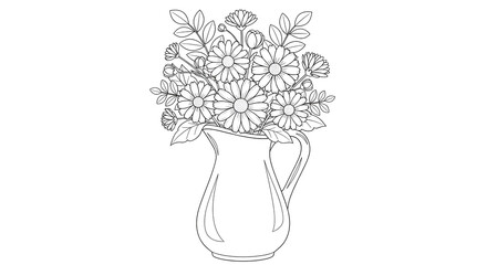 Kids coloring page illustration of a line art drawing of a bouquet of daisies in a pitcher