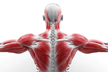 Detailed anatomical illustration of human back musculature in vibrant red, showcasing complex muscle structures and layered anatomy against white background for strength training and fitness education