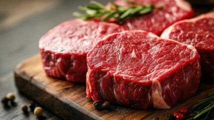 Fototapeta premium Tenderloin Cuts and Rosemary: A mouthwatering shot featuring meticulously trimmed raw tenderloin cuts, showcasing their rich red color and marbled texture, complemented by fragrant sprigs of rosemary.