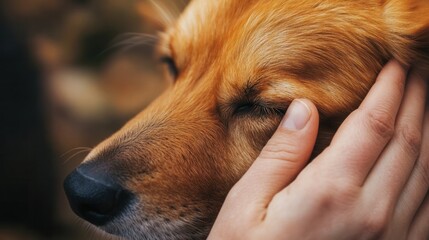 Gentle Embrace: A close-up shot captures a tender moment as a hand gently caresses the soft fur of a dog, its eyes closed in serene contentment.