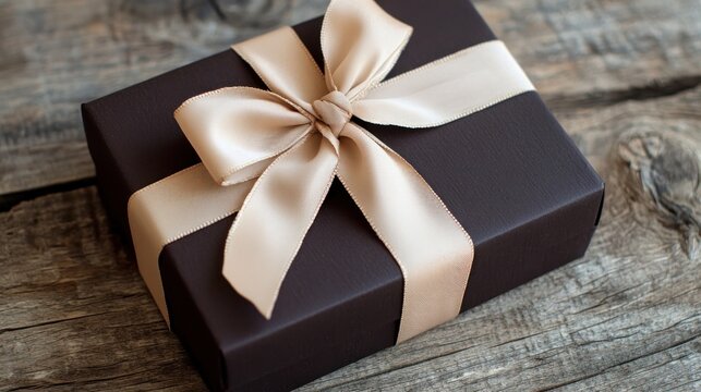 Elegant gift box with a satin ribbon bow sits on a rustic wooden surface, perfect for presenting a special present with style and sophistication for any occasion. - Powered by Adobe