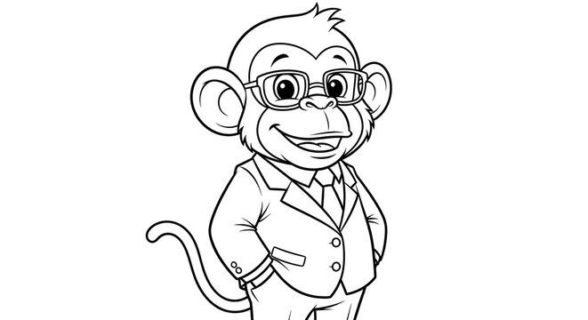 Kids coloring page illustration of a smart cartoon monkey wearing a suit and glasses