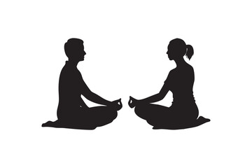 Silhouette of a man and woman in lotus position meditating facing each other, promoting wellness, mindfulness, and healthy lifestyle isolated on white background, Art & Illustration