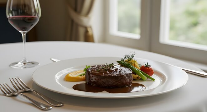 A gourmet steak dinner is elegantly presented on a white plate with a side of asparagus, tomato, and lemon, accompanied by a glass of red wine in a fine dining restaurant setting - Powered by Adobe