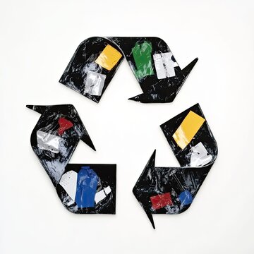 A recycled metal texture forms the classic three-arrow sustainability symbol, embodying eco-conscious design.