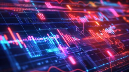Digital Data Visual: A complex digital display of fluctuating data, vibrant lines of code and intricate patterns illuminate the screen, representing a dynamic interplay of information. 