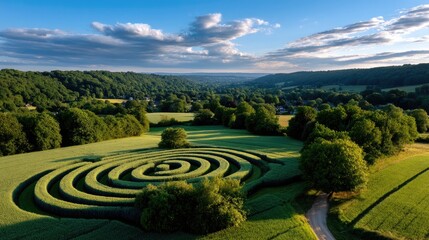 Spiral maze in rural landscape