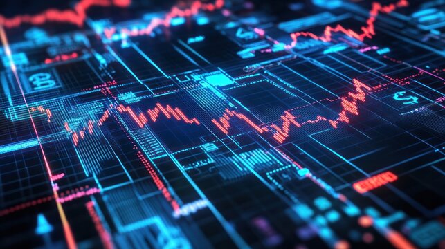 Dynamic Data: An intricate, digital landscape of financial data streams, rendered with vivid colors and geometric precision, symbolizes the complex nature of the market.