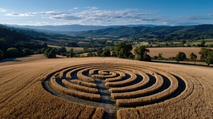 Spiral maze in wheat field landscape