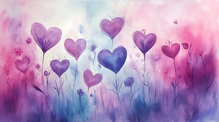 Watercolor Heart Flowers Field Design background,Generative Ai