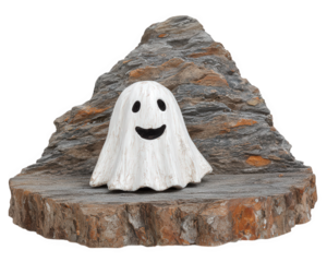 White ghost figurine with happy face stands on rough stone slab, evoking playful Halloween spirit and rustic charm, perfect for seasonal decoration or spooky themed display