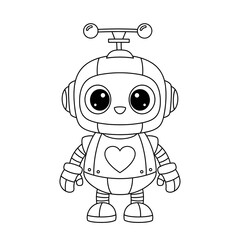 Fototapeta premium Kids coloring page illustration of cute cartoon robot with a heart on its chest isolated on white