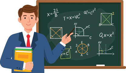 A cartoon teacher in a suit points to math formulas on a chalkboard, holding books, ideal for education, school, and learning concepts with a friendly, approachable style.