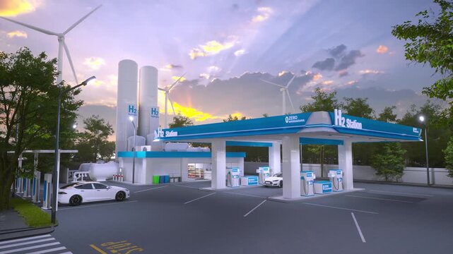 Modern Hydrogen Fueling Station With Electric Car And Wind Turbines