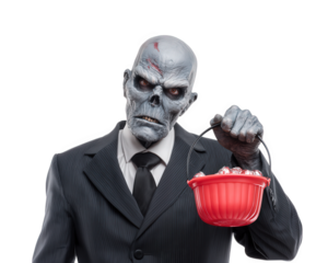 Zombie suit Halloween trick or treat scary mask red bowl candy isolated transparency background. frightening zombie business suit holds red bowl filled with candy perfect for Halloween trick
