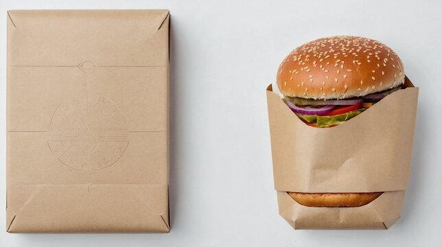 Flat Lay of Burger Packaging Mockup on Clean White Table
