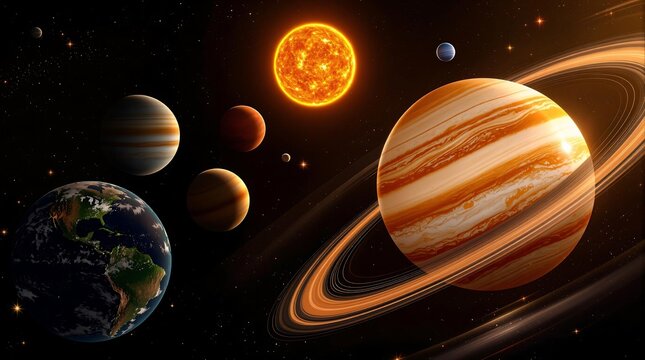 A vibrant depiction of our solar system featuring planets sun and starry background in outer space view