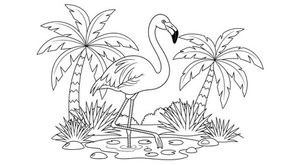 Kids coloring page illustration of flamingo standing in water with palm trees and plants