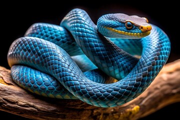 Fototapeta premium Striking Blue Snake Coiled on a Branch with Vivid Details and Colors