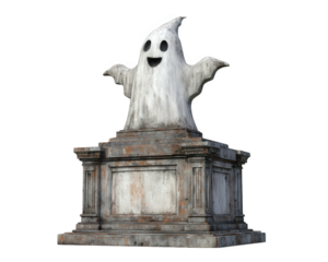 Ghost statue grave stone white isolated spooky happy Halloween sculpture monument create playful and eerie atmosphere with smiling ghost figure on weathered stone grave monument