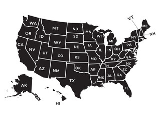 Black United States Map with State Abbreviations – High-Resolution Vector Map of the United States of America.