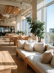 Fototapeta premium Sunlight illuminating modern restaurant interior design with wooden furniture