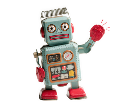 Retro robot toy vintage metal blue body red accents isolated on transparency background cheerful expression mechanical details nostalgic collectible playful design
