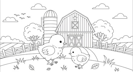 Kids coloring page illustration of two cute chicks stand in front of a barn