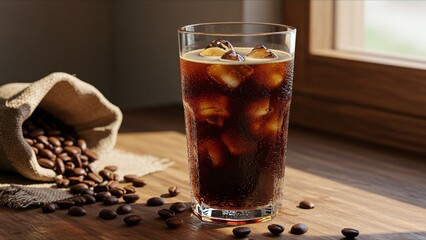 Iced Coffee with Beans on Wooden Surface