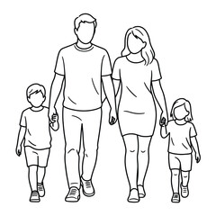 Line art illustration of a family walking together holding hands