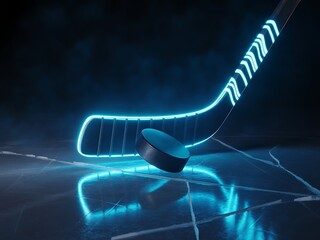 Neon Hockey Stick and Puck on Ice: Professional Sports Scene