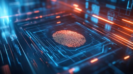 Biometric Security: Abstract circuit board with fingerprint data, showcasing data and encryption in a hi-tech representation. 