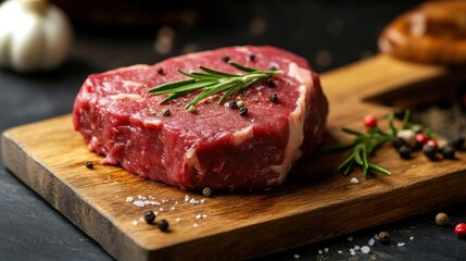 Savory Steak Delights: A succulent raw steak, artfully seasoned with herbs and spices, rests upon a rustic wooden cutting board, evoking a sense of culinary anticipation and gourmet dining.