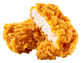 Crispy fried chicken breast, halved, showcasing juicy white meat and golden-brown breading isolated on transparent background.