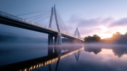 Fototapeta premium Modern Cable Stayed Bridge at Sunrise Over Foggy River