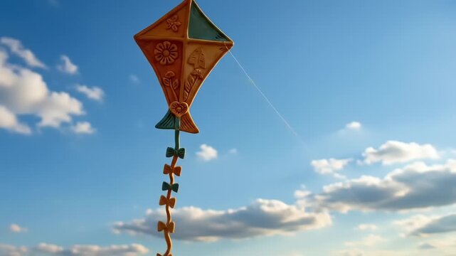 Colorful kite soaring in a clear blue sky with fluffy clouds, evoking a sense of freedom and joy