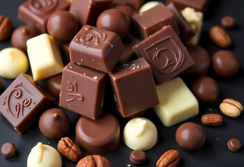 Pile of assorted chocolate pieces, including milk chocolate, dark chocolate, and white chocolate, some with nuts, arranged randomly on a dark surface