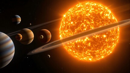 A view of a bright sun with planets and moons orbiting around it with visible rings in dark space