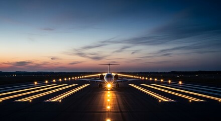 Private Jet Awaiting Takeoff on Illuminated Runway at Dusk