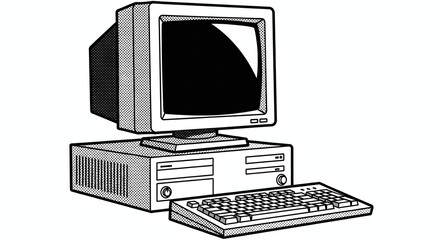 Fototapeta premium A black and white illustration of an old computer setup with a monitor keyboard and computer tower
