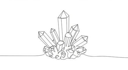 Elegant continuous line drawing of a crystal cluster on a clean white backdrop