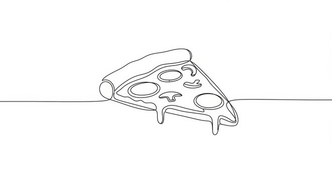 Minimalist depiction of a single line drawing of a pizza slice on white backdrop