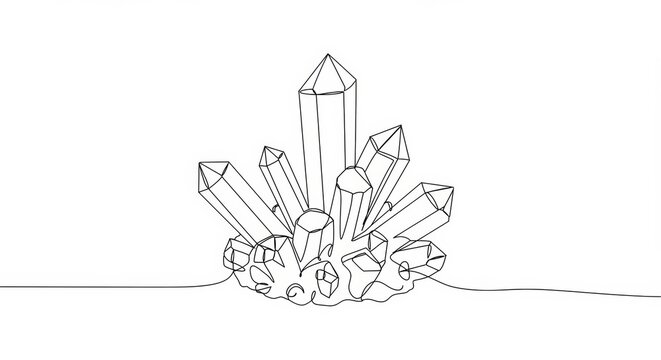 Elegant continuous line drawing of a crystal cluster on a clean white backdrop